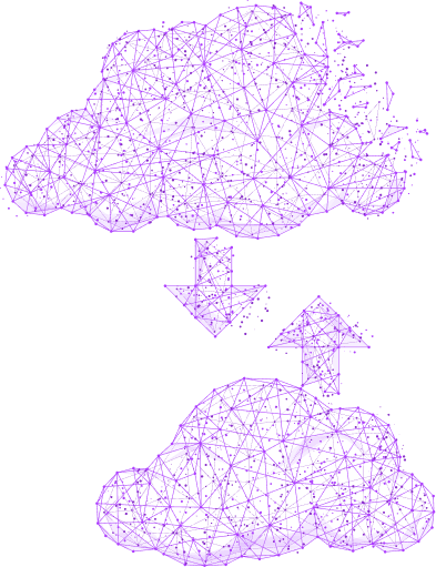 Wireframe illustration of data flowing into a cloud network, representing a repository leaving for cloud storage.