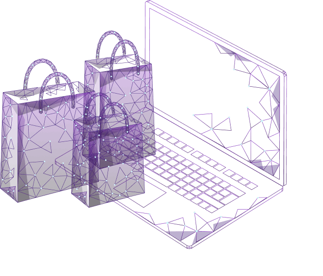 Illustration of a laptop with shopping bags, representing intelligent digital commerce